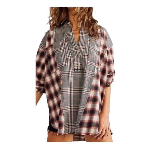 We The Free People Wildfire Mixed Plaid Flannel Oversized Top Medium M - Picture 1 of 9
